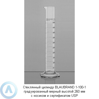 Стеклянный цилиндр BLAUBRAND 1-100-1 градуированный мерный высотой 260 мм с носиком и сертификатом USP