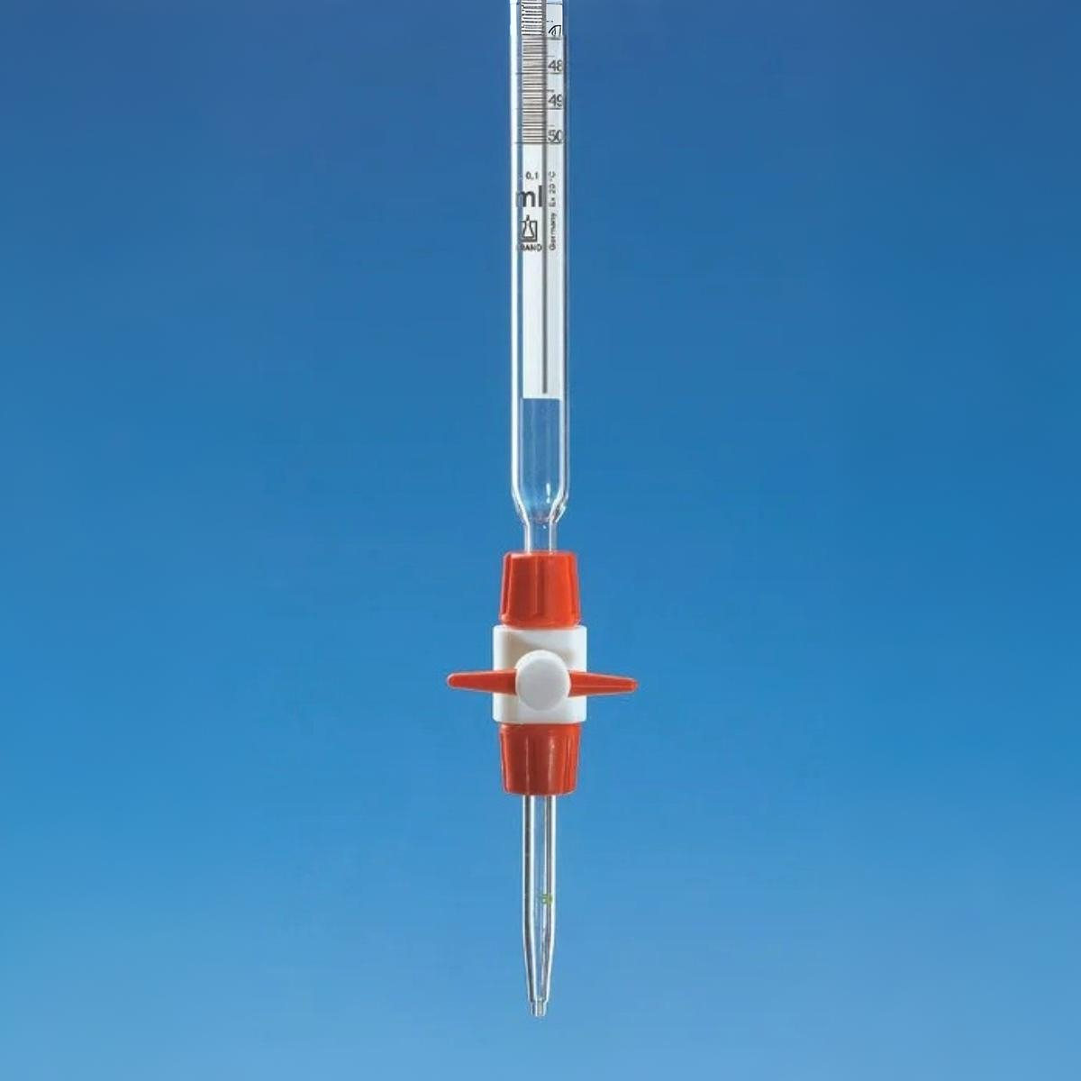 Микробюретка длинной 445 мм SILBERBRAND 1-1-2-10-0,05 стеклянная Boro 3.3 и прямым съемным краном из ПТФЭ